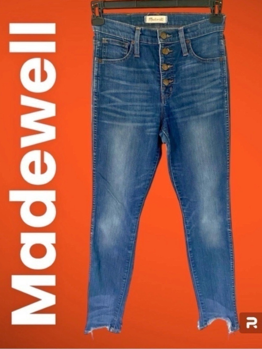 MADEWELL-size 26 Button-fly, High-Rise Skinny Jeans. Medium wash,ruff hem EUC